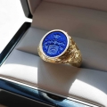 Sygnet meski zloty z herbem barokowy Lubicz proba 585 lapis lazuli grawerowany