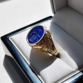 Sygnet meski zloty z herbem barokowy Lubicz proba 585 lapis lazuli grawerowany